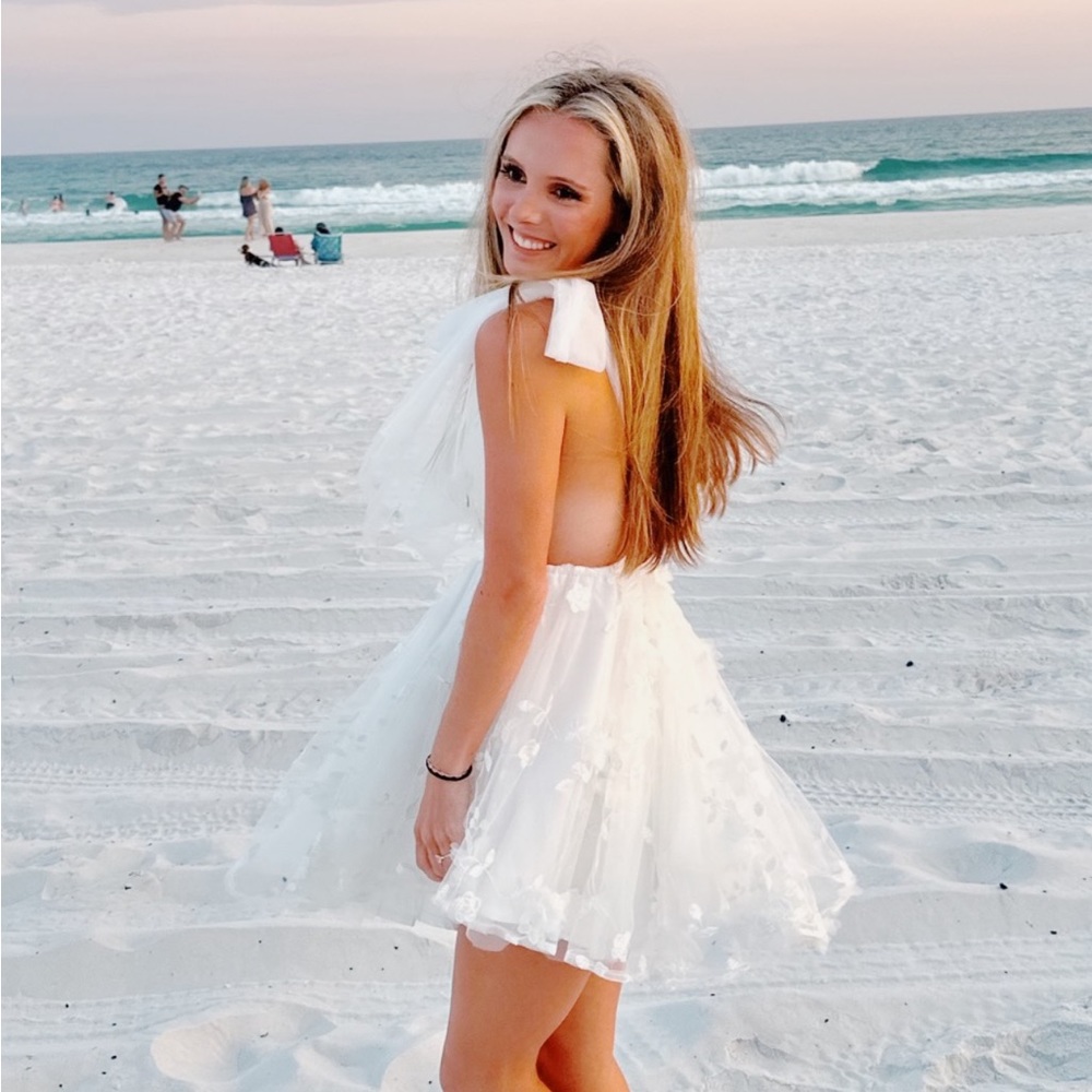 White Floral Appliqué Tulle Mini Dress